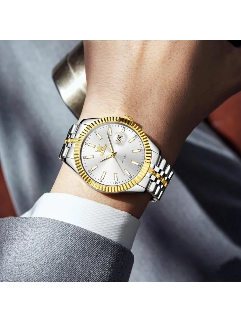 Olevs Mens Silver Gold Luxury Stainless White Face Analog Quartz Luminous Watch
